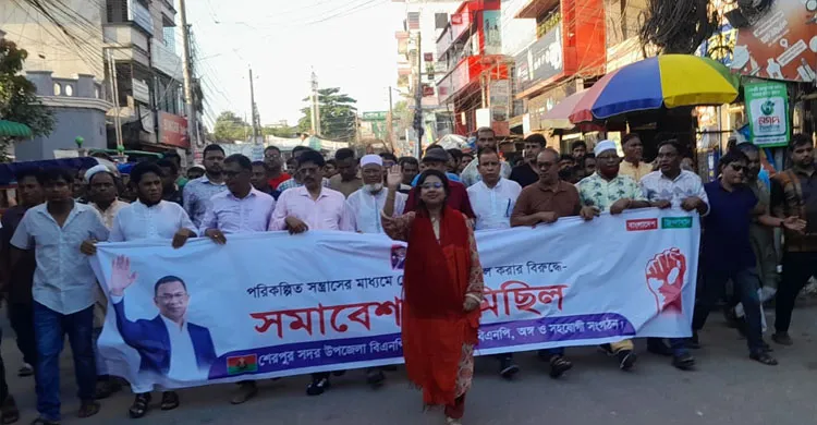 নৈরাজ্য ও সন্ত্রাসী কার্যক্রমের প্রতিবাদে শেরপুরে বিএনপি’র বিক্ষোভ